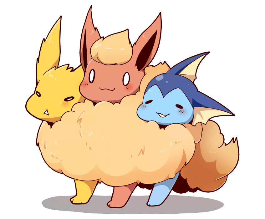 0_0 :3 azuma_minatsu blush closed_mouth commentary_request flareon fur gen_1_pokemon jolteon no_humans paws pokemon pokemon_(creature) smile standing vaporeon white_background