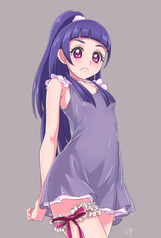 1girl arched_back arms_behind_back bangs blunt_bangs blush chocokin collarbone cowboy_shot dress flat_chest frown grey_background grey_dress hair_ornament high_ponytail izayoi_liko leg_garter long_hair looking_at_viewer mahou_girls_precure! nightgown precure purple_hair red_eyes red_ribbon ribbon shiny shiny_hair short_dress signature simple_background sleeveless sleeveless_dress solo standing thigh_strap very_long_hair