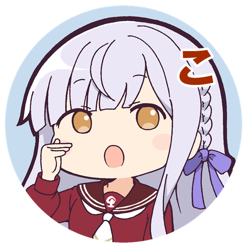 1girl :o assault_lily bangs blue_background blunt_bangs blush braid brown_sailor_collar chibi circle commentary_request eyebrows_visible_through_hair grey_hair hair_ribbon hand_up kanba_girls_high_school_uniform kon_kanaho long_hair long_sleeves looking_at_viewer lowres masaki_itsuki necktie open_mouth portrait purple_ribbon red_shirt ribbon sailor_collar school_uniform serafuku shirt short_necktie side_braid sidelocks sign_language simple_background solo translated transparent_background white_necktie yellow_eyes