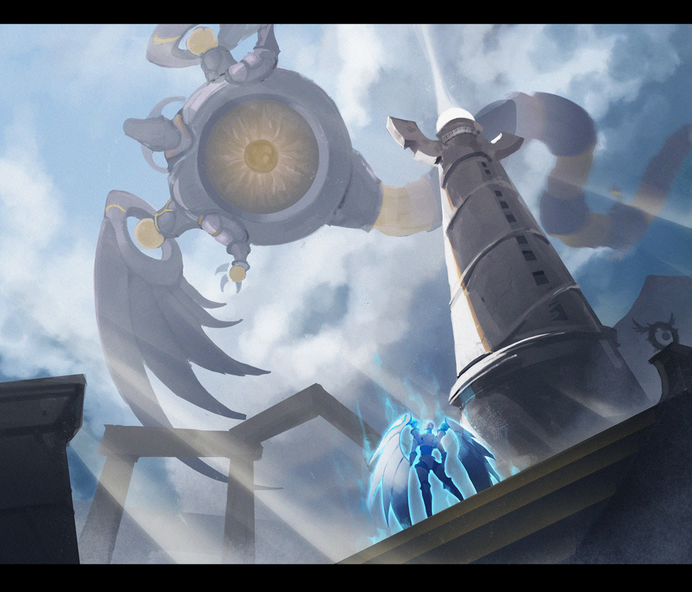 1boy blue_sky clouds cloudy_sky commentary duel_monster flying giant letterboxed majestic_mech_-_goryu majestic_mech_-_senku male_focus sihai_(wsskdywe) sky standing sunlight tail tower wings yu-gi-oh!