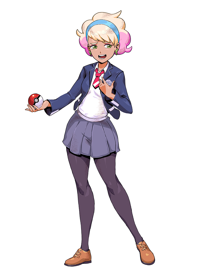 1girl bangs black_legwear blonde_hair brown_footwear commentary_request earrings eyelashes full_body genzoman green_eyes grey_skirt holding holding_poke_ball jacket jewelry long_sleeves looking_to_the_side multicolored_hair open_clothes open_jacket open_mouth pantyhose peonia_(pokemon) pink_hair pleated_skirt poke_ball poke_ball_(basic) pokemon pokemon_(game) pokemon_swsh shirt shoes short_hair skirt solo standing teeth tongue white_shirt