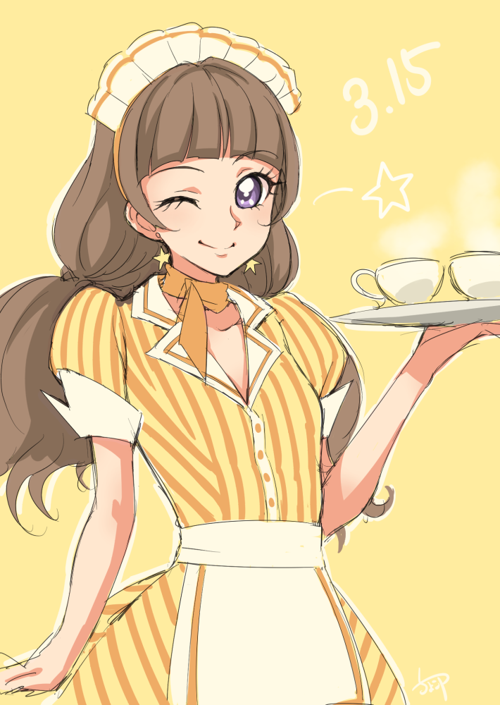 1girl ;) amanogawa_kirara apron brown_hair chocokin collarbone dress_shirt earrings go!_princess_precure hairband holding holding_plate jewelry long_hair maid_headdress one_eye_closed orange_hairband plate precure shirt short_sleeves sketch skirt smile solo standing star_(symbol) star_earrings striped striped_shirt striped_skirt twintails vertical-striped_shirt vertical_stripes very_long_hair violet_eyes waist_apron waitress white_apron yellow_background yellow_shirt yellow_skirt