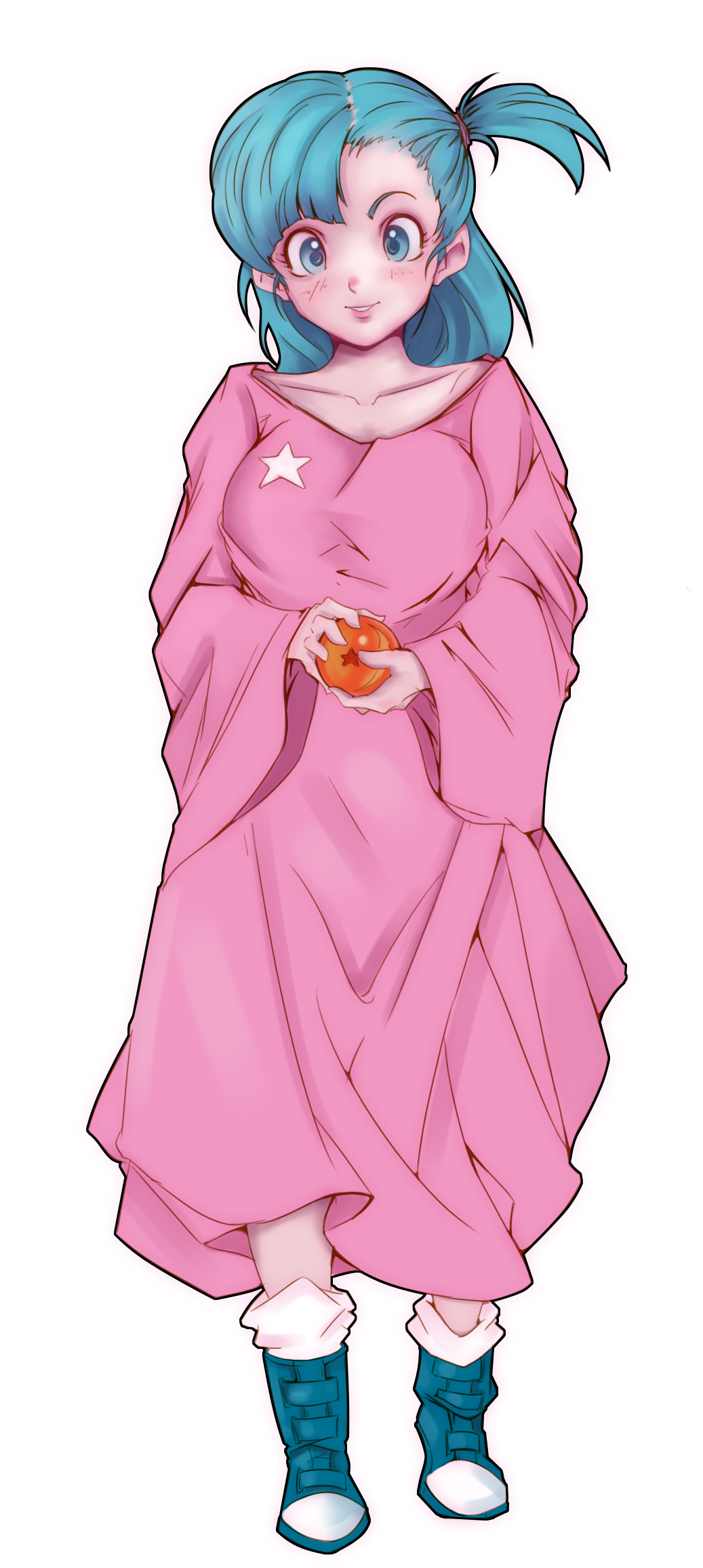 1girl aqua_eyes aqua_hair boots breasts bulma collarbone dragon_ball dragon_ball_(classic) dragon_ball_(object) dress full_body highres kofjp long_dress looking_at_viewer medium_breasts one_side_up oversized_clothes pink_dress solo standing star_(symbol) teenage