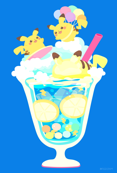 :3 :d balloon commentary cup drinking_glass drinking_straw flying_pikachu gen_1_pokemon ice ice_cube lightning_bolt no_humans open_mouth pikachu pokemon pokemon_(creature) rizu_(rizunm) simple_background smile surfboard surfing_pikachu twitter_username