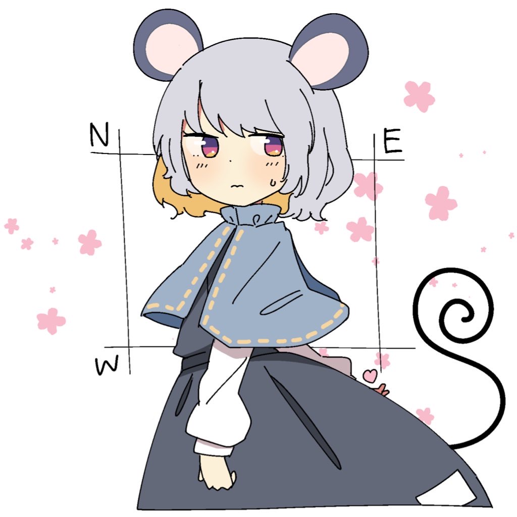 1girl animal_ears arm_behind_back black_dress blush capelet commentary_request dress floral_print grey_hair heart iroha-kuro long_hair mouse_ears mouse_tail nazrin red_eyes shirt short_hair solo tail touhou wavy_mouth white_background white_shirt