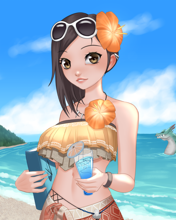 1girl alternate_costume bangs bare_shoulders beach black_hair blue_sky book bracelet breasts brown_eyes cameo character_request cocktail cocktail_glass cup day drinking_glass eyewear_on_head flower hair_flower hair_ornament handler_(monster_hunter_world) hibiscus holding holding_book jay156 jewelry light_smile lips looking_at_viewer medium_breasts medium_hair monster monster_hunter monster_hunter:_world ocean sarong sky solo strapless sunglasses swept_bangs tan tooth_necklace tubetop under_boob