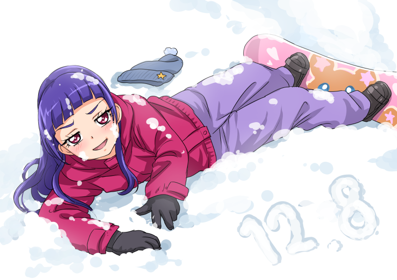 1girl :d bangs black_gloves blunt_bangs blush chocokin coat dated gloves hair_down izayoi_liko long_hair long_sleeves looking_at_viewer lying mahou_girls_precure! on_side open_mouth pants precure purple_hair purple_pants red_coat red_eyes smile snow snow_on_body snow_on_head snowboard solo