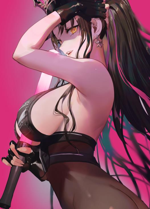 1girl bangs bare_shoulders between_breasts bikini black_bikini black_gloves black_hair black_headwear black_legwear blush breasts facial_mark fate/grand_order fate_(series) fingerless_gloves forehead_mark gloves halter_top halterneck hat large_breasts long_hair looking_at_viewer multicolored_hair open_mouth pantyhose parted_bangs pink_hair police_hat ponytail sesshouin_kiara sesshouin_kiara_(swimsuit_mooncancer)_(fate) smile streaked_hair swimsuit traffic_baton very_long_hair xiangzi_box yellow_eyes