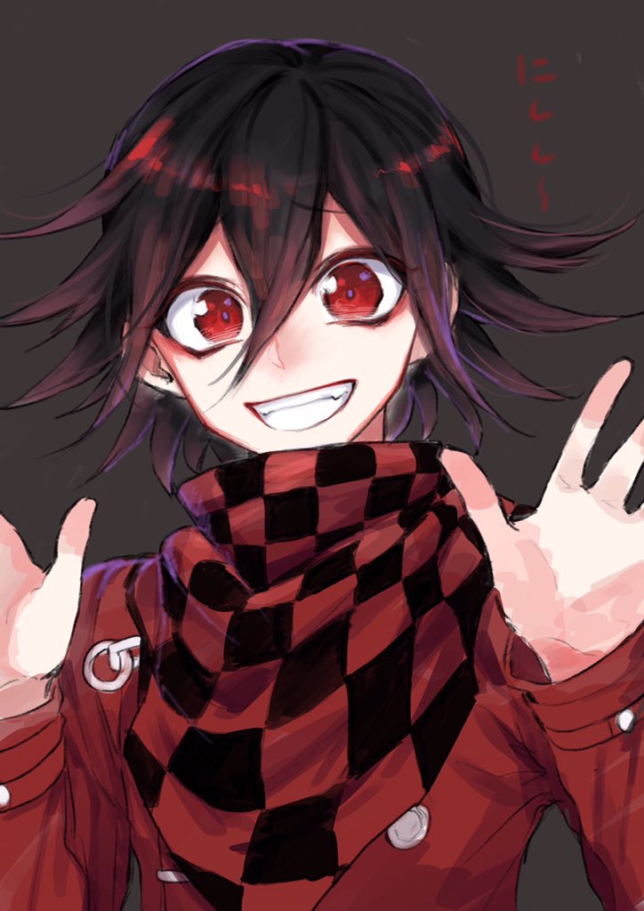 1boy alternate_costume black_hair brown_background checkered checkered_scarf commentary_request dangan_ronpa grin hair_between_eyes hands_up jacket long_sleeves looking_at_viewer male_focus nanin new_dangan_ronpa_v3 ouma_kokichi red_eyes red_jacket red_scarf scarf short_hair simple_background sketch smile solo straitjacket teeth translation_request upper_body