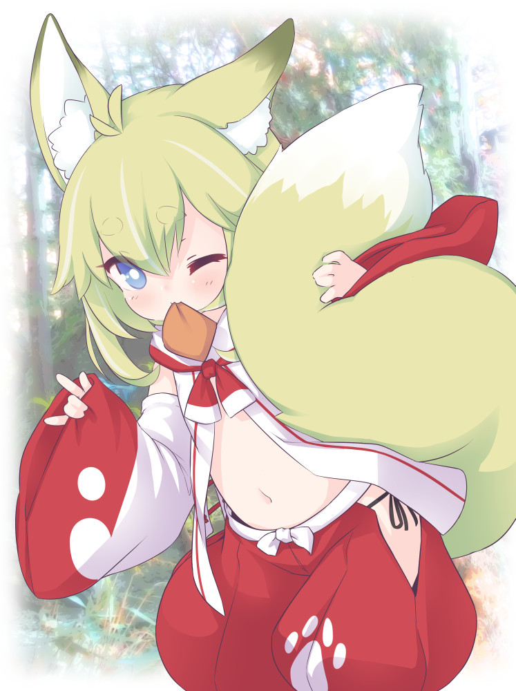 1girl ;3 animal_ear_fluff animal_ears antenna_hair bangs black_panties borrowed_character closed_mouth detached_sleeves eyebrows_visible_through_hair food_in_mouth fox_ears fox_girl fox_shadow_puppet fox_tail green_hair hair_between_eyes kupuru_(hirumamiyuu) long_sleeves mouth_hold navel one_eye_closed original panties pants pinching_sleeves puffy_pants red_pants short_eyebrows side-tie_panties sleeveless sleeves_past_wrists solo tail thick_eyebrows underwear white_sleeves wide_sleeves