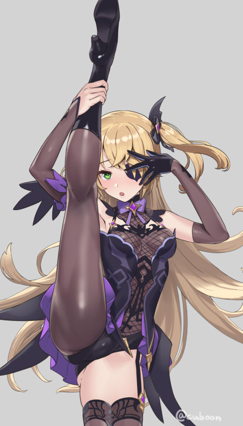 1girl bangs blonde_hair blush bodystocking breasts cuboon eyepatch fischl_(genshin_impact) fishnets genshin_impact gloves green_eyes hair_over_one_eye leg_lift leg_up legs long_hair looking_at_viewer open_mouth single_glove single_leg_pantyhose small_breasts split standing standing_on_one_leg standing_split two_side_up