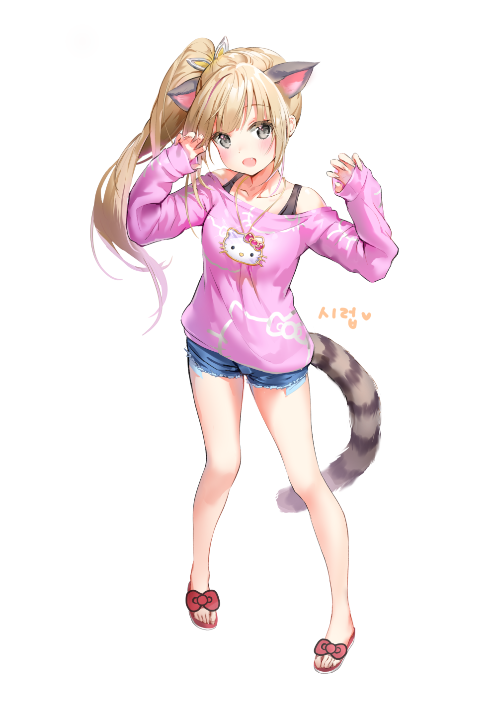 1girl :d animal_ears bangs bare_shoulders blue_shorts blush breasts claw_pose commission denim denim_shorts eyebrows_visible_through_hair fang full_body grey_eyes hair_ornament hands_up hello_kitty hello_kitty_(character) highres light_brown_hair long_hair long_sleeves looking_at_viewer marmoset_(marmoset0) off-shoulder_shirt off_shoulder open_mouth original pink_shirt red_footwear sandals shirt short_shorts shorts side_ponytail simple_background sleeves_past_wrists small_breasts smile solo standing striped_tail tail translation_request very_long_hair white_background