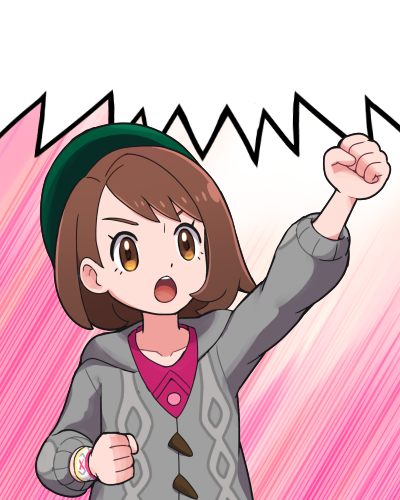 1girl arm_up bangs buttons cardigan clenched_hands collarbone collared_dress commentary_request dress dynamax_band eyelashes gloria_(pokemon) green_headwear grey_cardigan hat lowres open_mouth pink_dress pokemoa pokemon pokemon_(game) pokemon_swsh solo tam_o'_shanter teeth template tongue