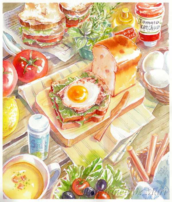 basket bread bread_slice egg food fried_egg fruit ketchup lemon lettuce loaf_of_bread marine-island mustard napkin no_humans original paper plant plate potted_plant salt_shaker sandwich sunny_side_up_egg tomato traditional_media watercolor_(medium) watermark