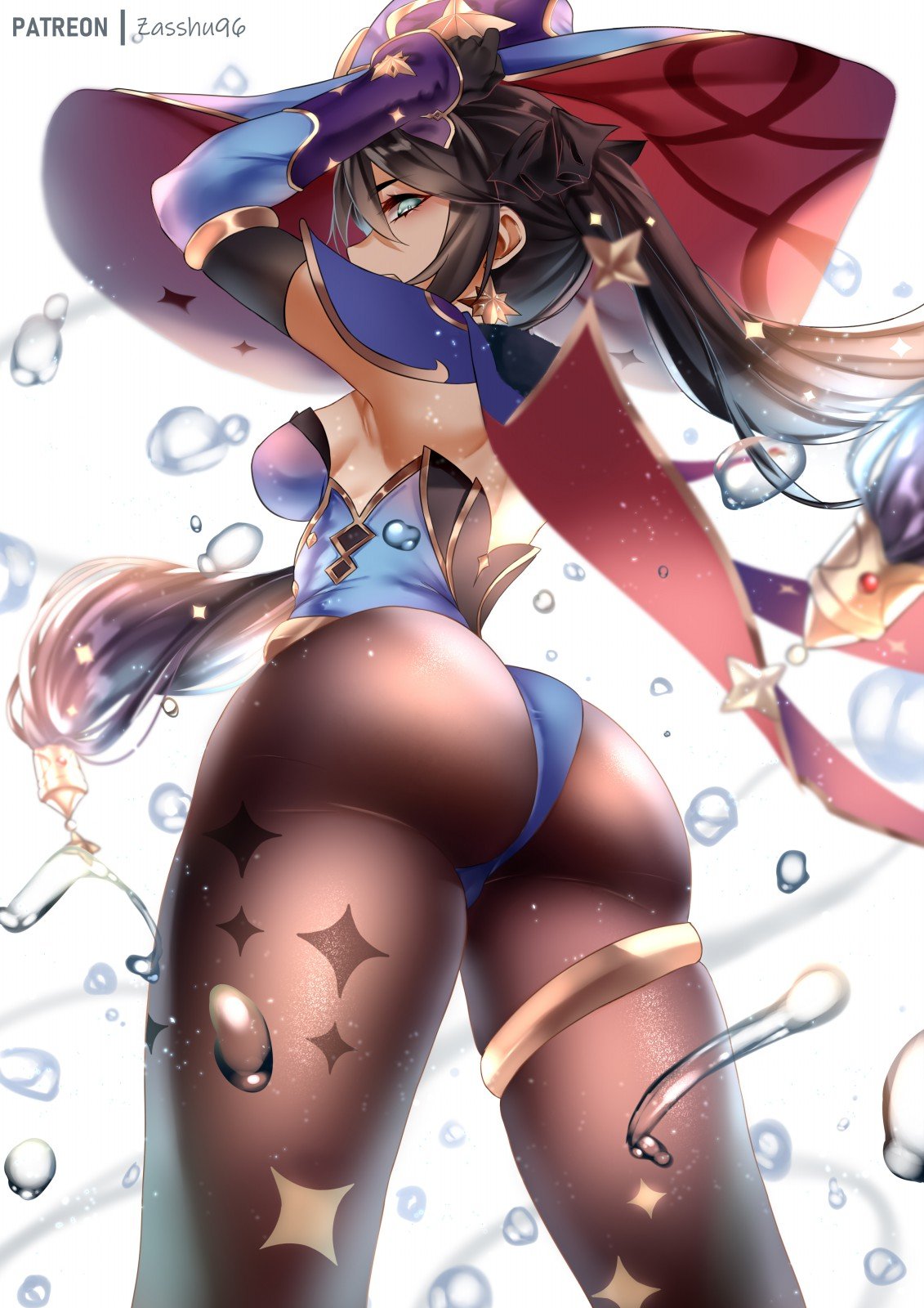 1girl ass bangs black_hair blue_eyes blue_leotard bodysuit_under_clothes breasts earrings genshin_impact hand_on_headwear hat highres jewelry leotard mixed-language_commentary mona_(genshin_impact) pantyhose sideboob star_(symbol) star_earrings twintails witch witch_hat zasshu