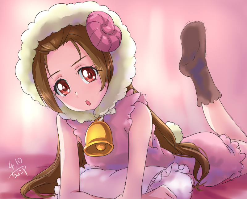 1girl :o bell blurry blurry_background brown_hair brown_legwear chocokin dated dokidoki!_precure dress evening_gown fake_horns fake_tail horns long_hair lying madoka_aguri on_stomach open_mouth pillow pink_dress precure red_eyes sheep_horns sheep_tail shiny shiny_hair short_dress signature sketch sleeveless sleeveless_dress solo tail very_long_hair