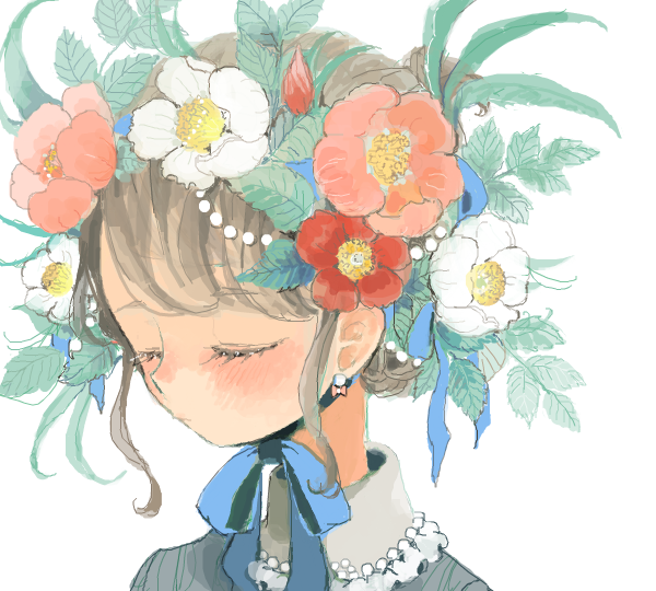 1girl bad_id bangs blue_ribbon blush bow bow_earrings bud chin_strap close-up closed_eyes closed_mouth colored_eyelashes drawr earrings eyebrows_visible_through_hair eyelashes face facing_viewer flower flower_wreath frilled_shirt_collar frills from_side grey_hair hair_behind_ear hair_ornament hair_ribbon head_wreath jaggy_line jewelry leaf leaf_hair_ornament nose_blush nucco oekaki original pale_color pearl_(gemstone) pearl_earrings pearl_hair_ornament pink_flower portrait red_flower ribbon sidelocks simple_background solo stud_earrings swept_bangs too_many too_many_flowers u_u wavy_hair white_background white_flower wing_collar