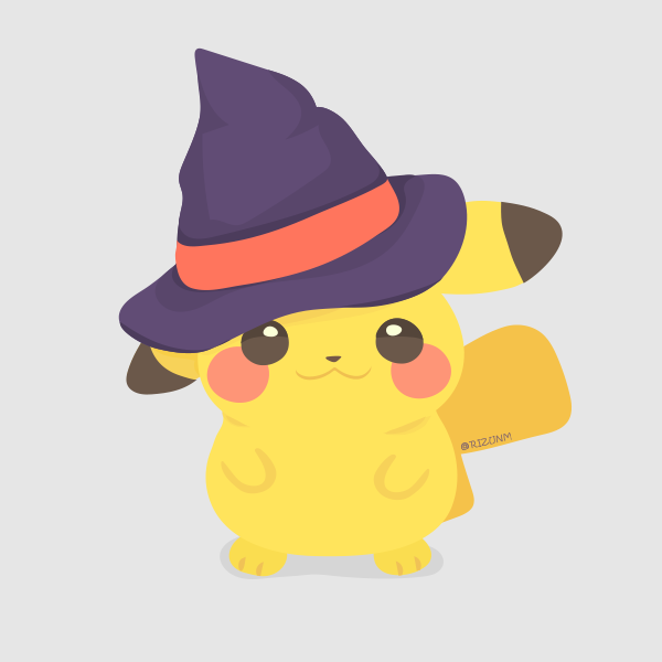 :3 closed_mouth commentary full_body gen_1_pokemon grey_background hat hatted_pokemon looking_at_viewer no_humans pikachu pokemon pokemon_(creature) rizu_(rizunm) simple_background solo standing twitter_username witch_hat
