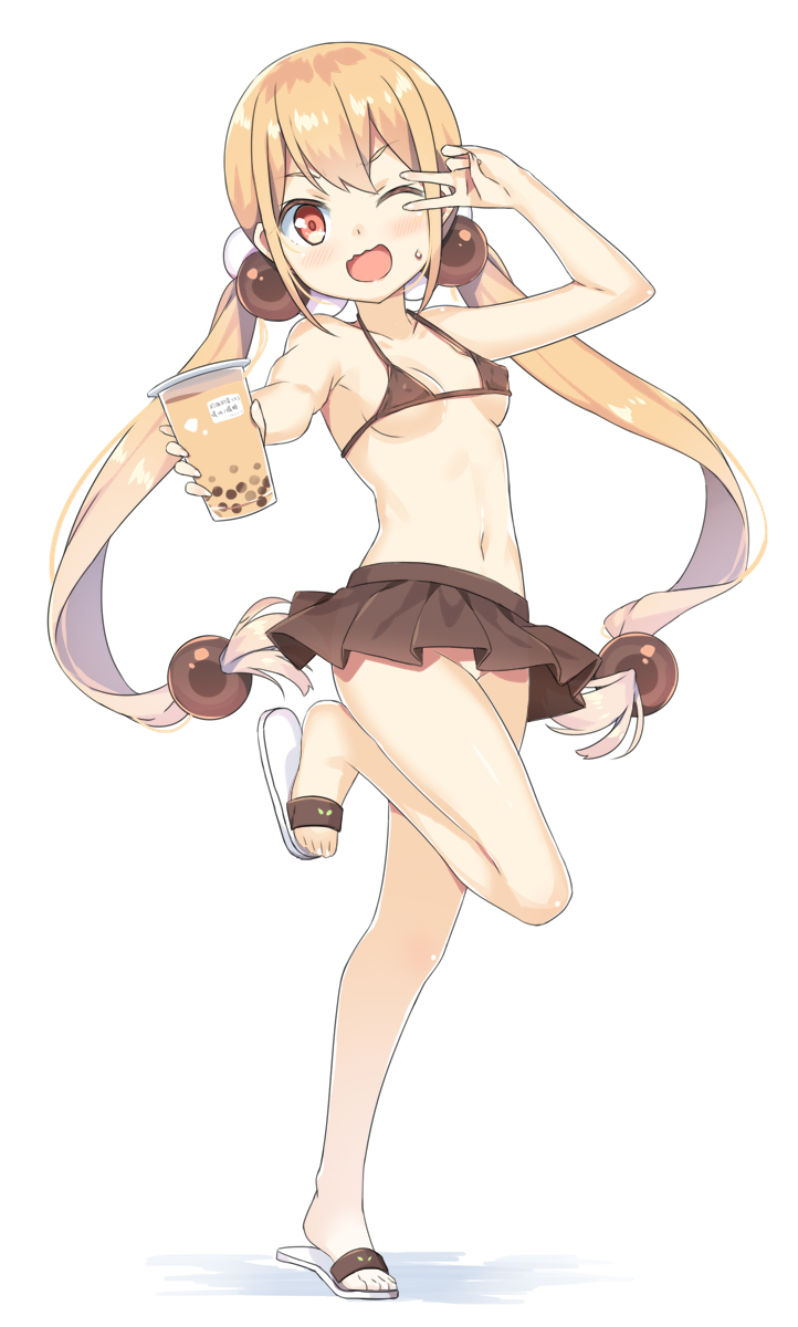 1girl arm_up bangs bare_arms bare_shoulders bikini bikini_top black_skirt blush breasts brown_bikini collarbone covered_nipples cup disposable_cup eyebrows_visible_through_hair full_body hair_bobbles hair_ornament hatsunatsu highres holding holding_cup light_brown_hair long_hair looking_at_viewer low_twintails navel no_panties one_eye_closed open_mouth outstretched_arm pleated_skirt shadow skirt slippers small_breasts solo standing standing_on_one_leg sweat swimsuit twintails v-shaped_eyebrows v_over_eye very_long_hair white_background white_footwear xiaoyuan_(you_can_eat_the_girl) you_can_eat_the_girl