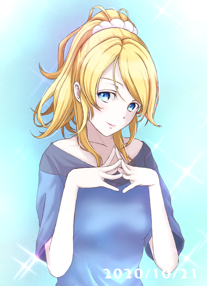 1girl 2020 ayase_eli blonde_hair blue_background blue_eyes blue_shirt cowboy_shot dated fingers_together looking_at_viewer love_live! love_live!_school_idol_project niizuma_444 ponytail scrunchie shirt solo white_scrunchie