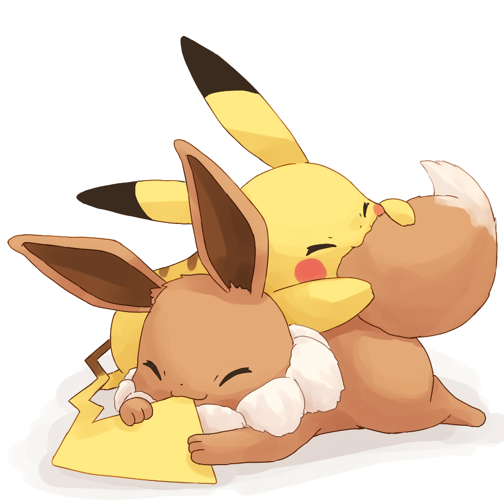 brown_fur closed_eyes commentary_request eevee gen_1_pokemon misonikomiii nibbling no_humans paws pikachu pokemon pokemon_(creature) smile tail white_background