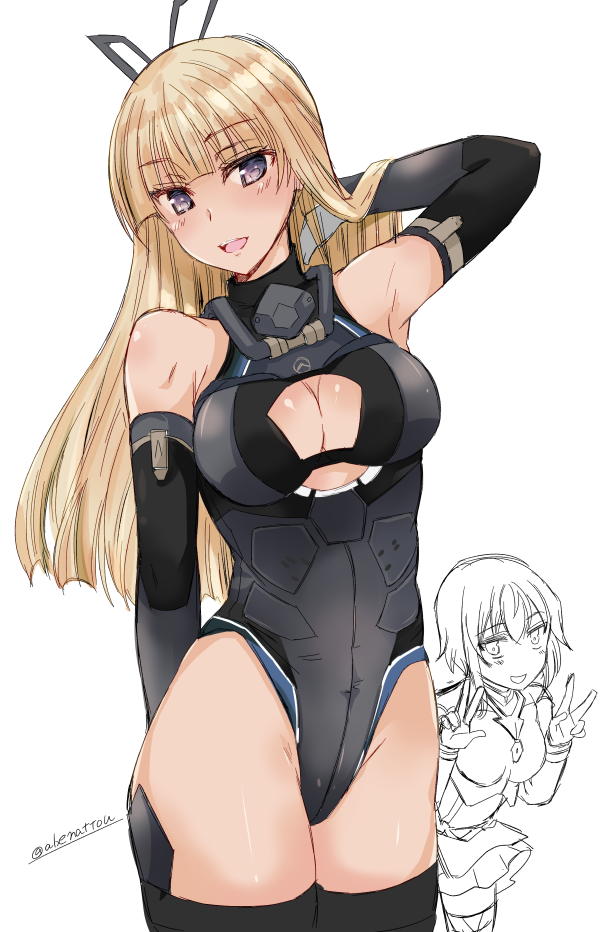 2girls abenattou alice_gear_aegis araime_yasuri arm_behind_back arm_behind_head bangs black_footwear black_gloves black_leotard blonde_hair blunt_bangs boots breasts brown_eyes cleavage_cutout closed_mouth clothing_cutout commentary_request double_v elbow_gloves eyebrows_visible_through_hair gloves hand_in_hair head_tilt highleg highleg_leotard kaneshiya_sitara leaning_forward leotard long_hair looking_at_viewer medium_breasts multiple_girls open_mouth partially_colored peeking_out short_hair simple_background sleeveless smile standing thigh-highs thigh_boots twitter_username v white_background