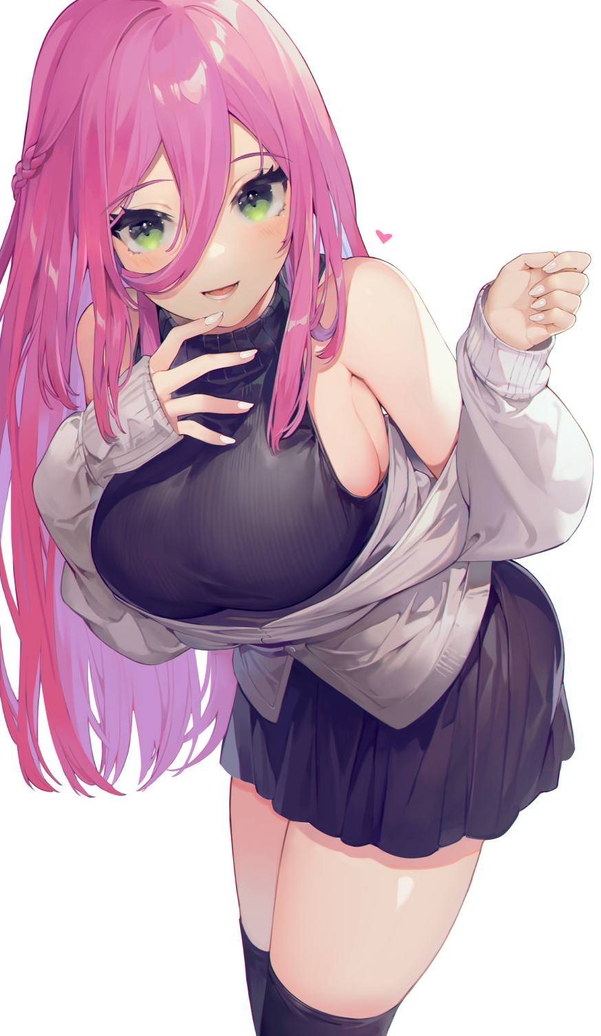 1girl akizone bare_shoulders bent_over black_legwear black_skirt black_sweater blush braid breasts cowboy_shot eyebrows_visible_through_hair finger_to_mouth green_eyes grey_jacket hair_between_eyes heart highres jacket large_breasts long_sleeves looking_at_viewer meme_attire open_mouth original pink_hair pleated_skirt sideboob simple_background skirt smile solo sweater teeth thigh-highs thighs virgin_killer_sweater white_background