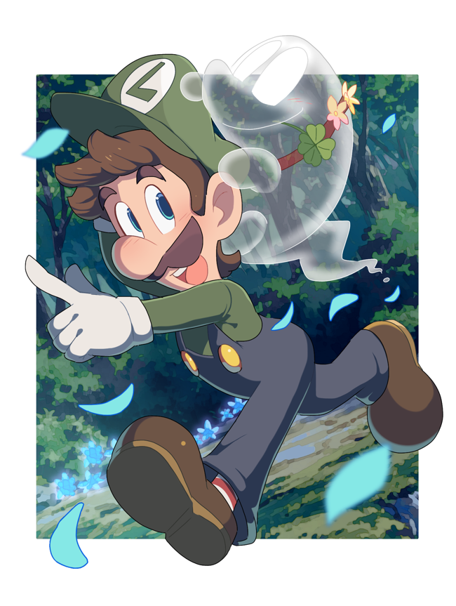 1boy blue_eyes blue_pants blush border brown_footwear brown_hair buttons dog facial_hair forest full_body ghost gloves green_headwear green_shirt hat hoshikuzu_pan long_sleeves looking_to_the_side luigi luigi's_mansion male_focus mustache nature open_mouth outdoors outside_border overalls pants petals pointing polterpup running shirt shoes short_hair smile super_mario_bros. teeth tree upper_teeth white_border white_gloves