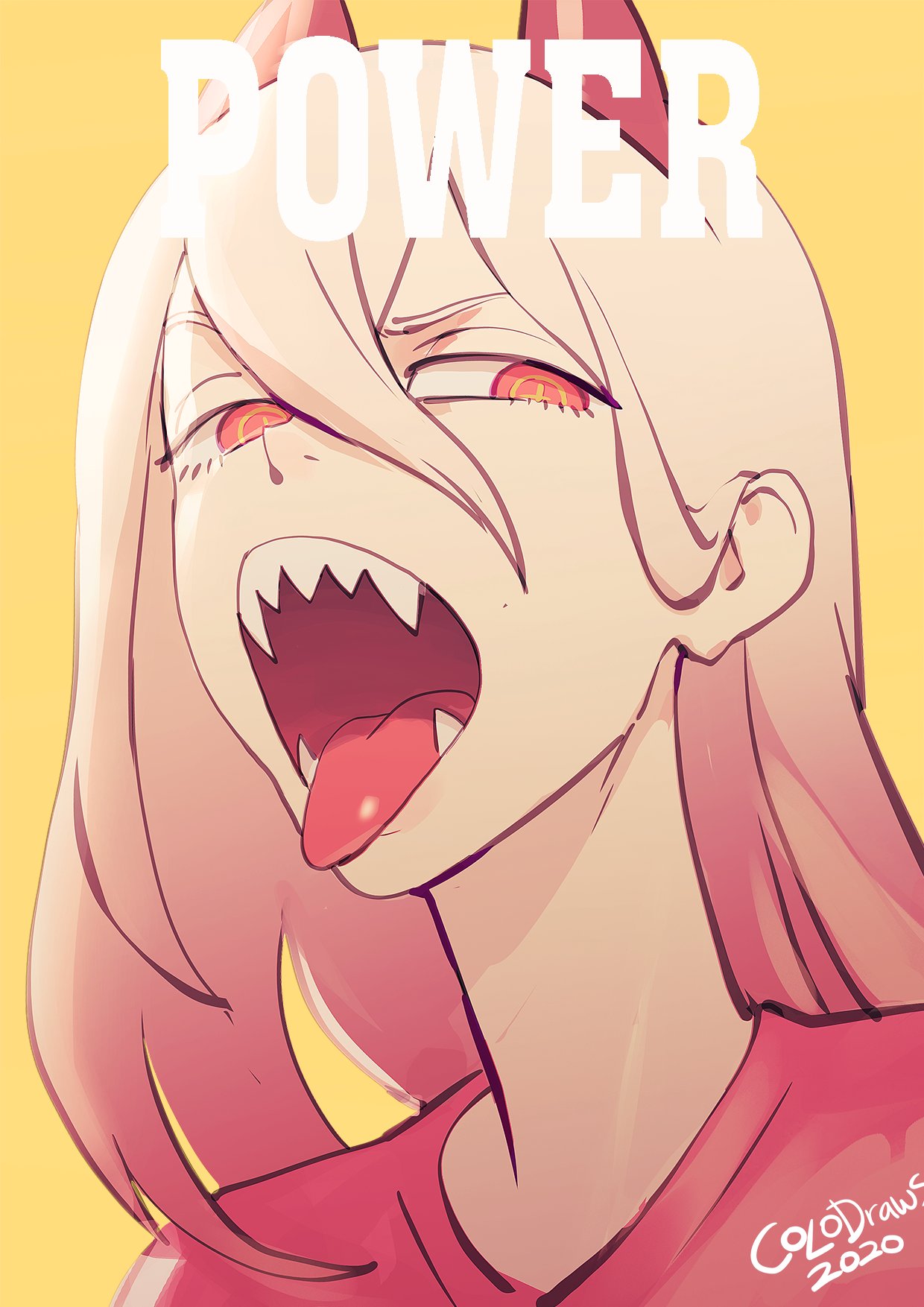 1girl chainsaw_man character_name colo_(nagrolaz) crosshair_pupils dated demon_horns hair_between_eyes highres horns open_mouth portrait power_(chainsaw_man) red_horns red_shirt sharp_teeth shirt signature simple_background solo teeth tongue tongue_out yellow_background