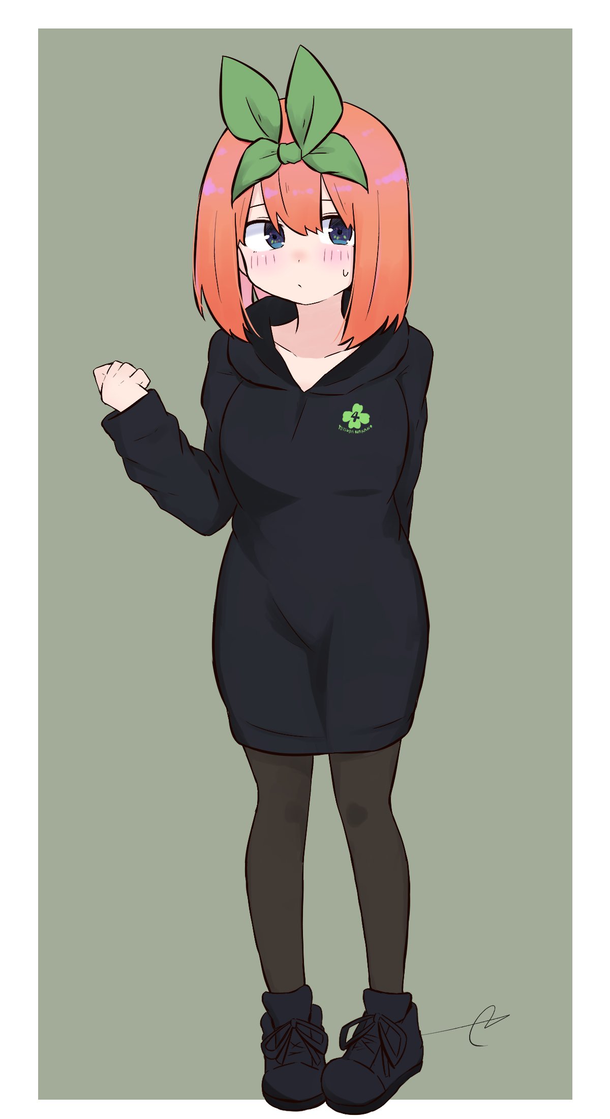 1girl bangs black_footwear black_hoodie black_legwear blue_eyes blush breasts closed_mouth collarbone commentary_request eyebrows_behind_hair full_body go-toubun_no_hanayome green_ribbon grey_background hair_between_eyes hair_ribbon hand_up highres hood hood_down hoodie hoodie_dress kujou_karasuma long_sleeves looking_at_viewer medium_breasts nakano_yotsuba orange_hair pantyhose pigeon-toed ribbon shoes signature sleeves_past_wrists solo standing sweat two-tone_background white_background