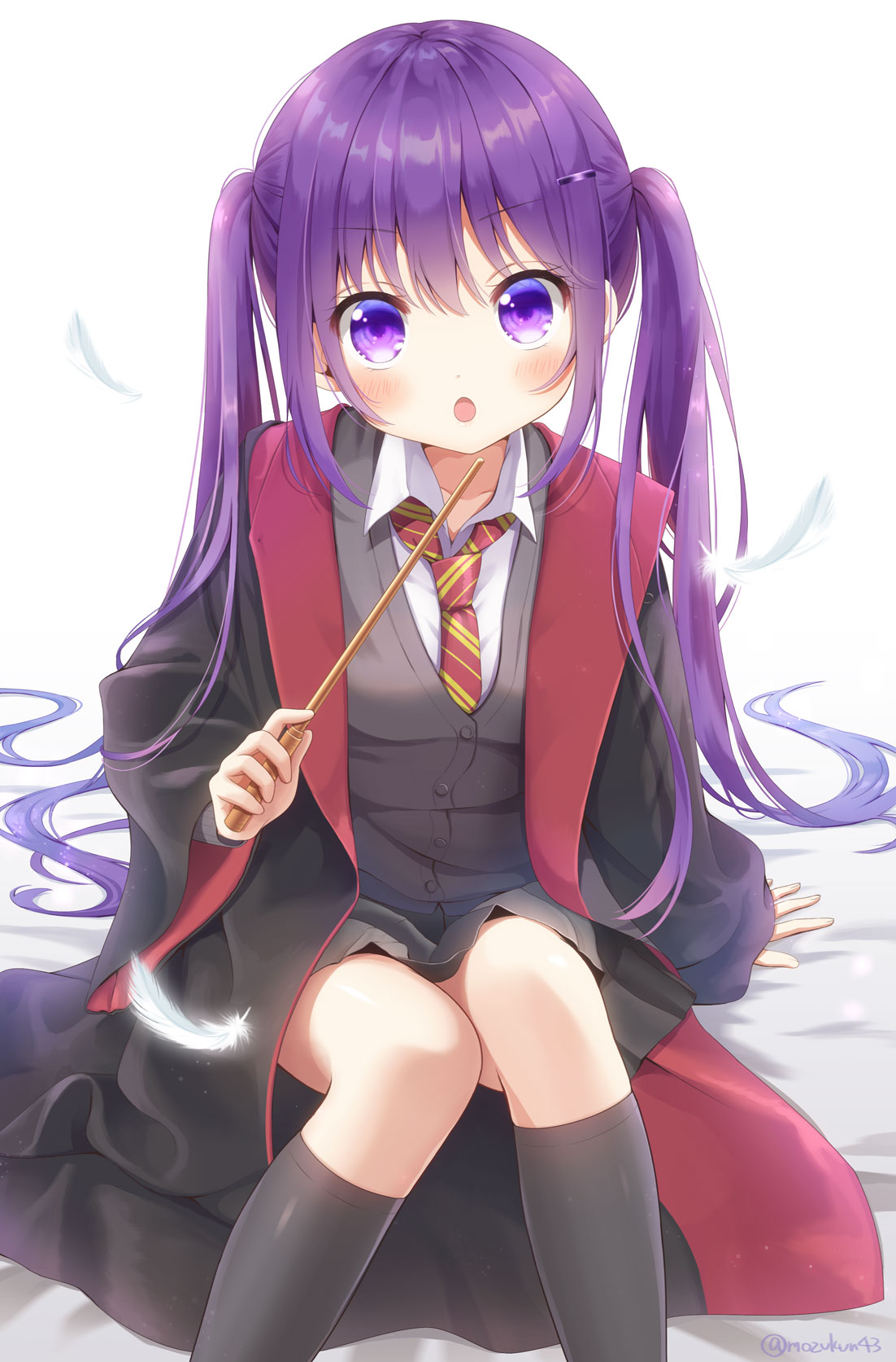 1girl :o arm_support bangs bed_sheet black_legwear black_robe black_skirt blush cardigan collared_shirt cosplay diagonal-striped_neckwear diagonal_stripes eyebrows_visible_through_hair feathers feet_out_of_frame gochuumon_wa_usagi_desu_ka? grey_cardigan gryffindor hair_between_eyes hair_ornament hairclip harry_potter highres hogwarts_school_uniform holding holding_wand kneehighs long_hair long_sleeves looking_at_viewer mozukun43 necktie open_clothes open_mouth open_robe pleated_skirt purple_hair red_neckwear robe school_uniform shirt sitting skirt solo striped striped_neckwear tedeza_rize twintails very_long_hair violet_eyes wand white_background white_feathers white_shirt wide_sleeves