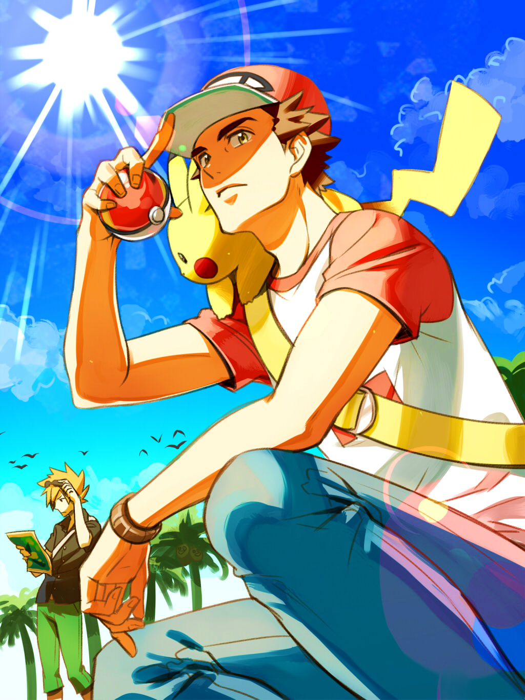 2boys baseball_cap bird black_shirt blue_oak brown_hair buttons capri_pants closed_mouth clouds commentary_request day eyewear_on_head gen_1_pokemon hat highres holding holding_poke_ball kanimaru male_focus multiple_boys on_shoulder orange_hair outdoors palm_tree pants pikachu poke_ball poke_ball_(basic) pokemon pokemon_(creature) pokemon_(game) pokemon_on_shoulder pokemon_sm red_(pokemon) shirt short_hair short_sleeves sky spiky_hair sun sunglasses t-shirt tree