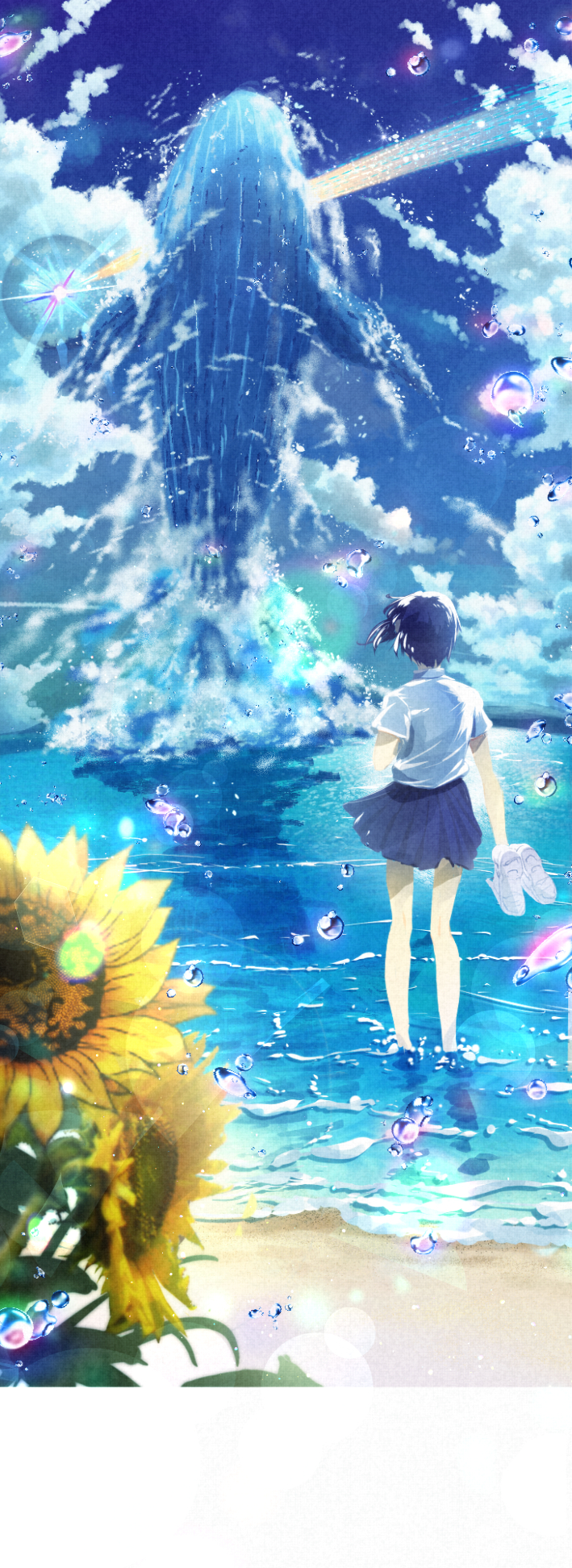 1girl beach blue_hair blue_sky blue_theme character_request clouds cluseller commentary_request day flower from_behind hand_up highres holding kaijuu_no_kodomo kneepits lens_flare miniskirt ocean outdoors pleated_skirt sand scenery school_uniform shiny shiny_hair shirt shoes shoes_removed shooting_star short_hair short_sleeves skirt sky solo standing sunflower water whale white_footwear white_shirt yellow_flower