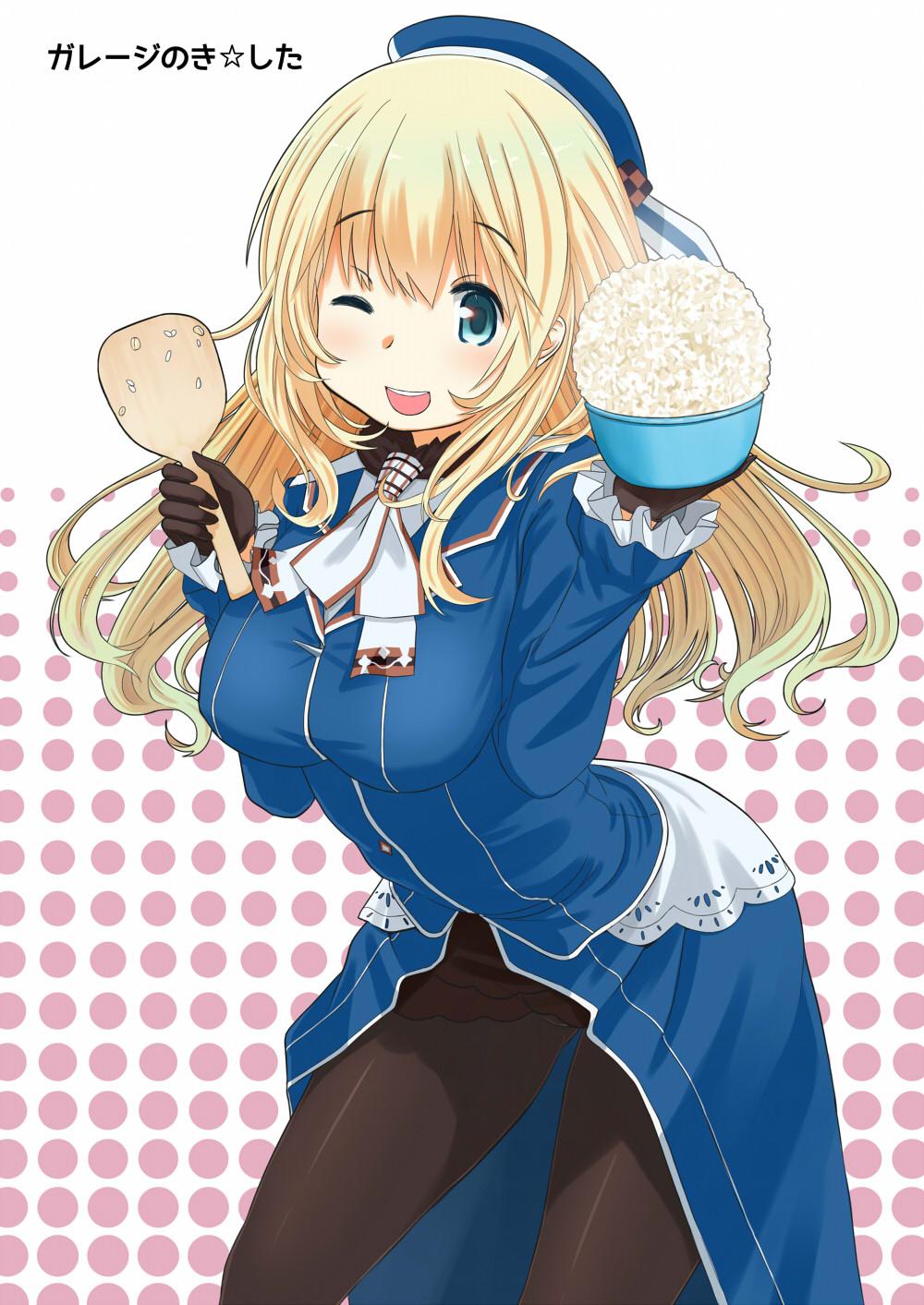 1girl ;d atago_(kantai_collection) beret black_gloves black_legwear blonde_hair blue_headwear bowl breasts commentary_request cowboy_shot gloves green_eyes hat highres kantai_collection large_breasts long_hair military military_uniform one_eye_closed open_mouth pantyhose retsumaru rice rice_bowl rice_spoon round_teeth smile solo teeth uniform upper_teeth