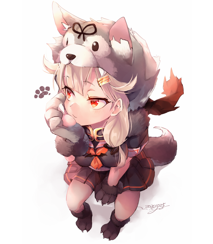 black_ribbon black_serafuku blonde_hair dog_tail gradient_hair hair_flaps hair_ornament hair_ribbon hairclip kantai_collection long_hair multicolored_hair nigo paws red_eyes remodel_(kantai_collection) ribbon scarf school_uniform serafuku straight_hair tail white_scarf wolf_hood yuudachi_(kantai_collection)