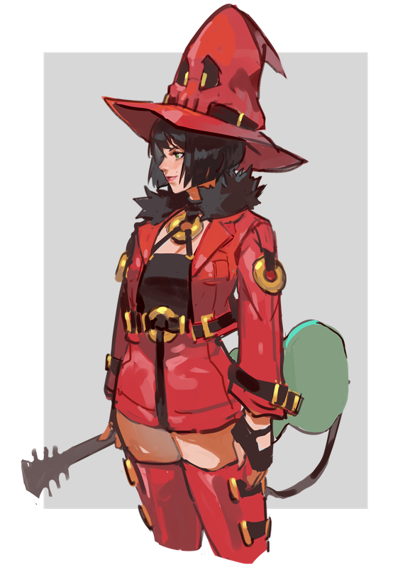 black_hair guilty_gear guitar hat i-no instrument jacket o-ring o-ring_top short_hair thigh-highs uncle_rabbit_ii witch_hat