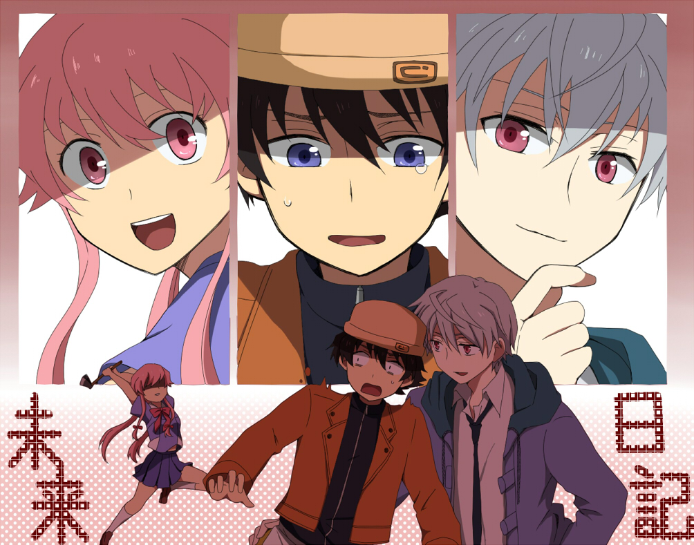 1girl 2boys akise_aru amano_yukiteru axe bangs blue_eyes gasai_yuno grey_hair hand_on_own_chin jacket long_hair mirai_nikki multiple_boys nanananona necktie open_mouth pink_eyes pink_hair weapon yandere