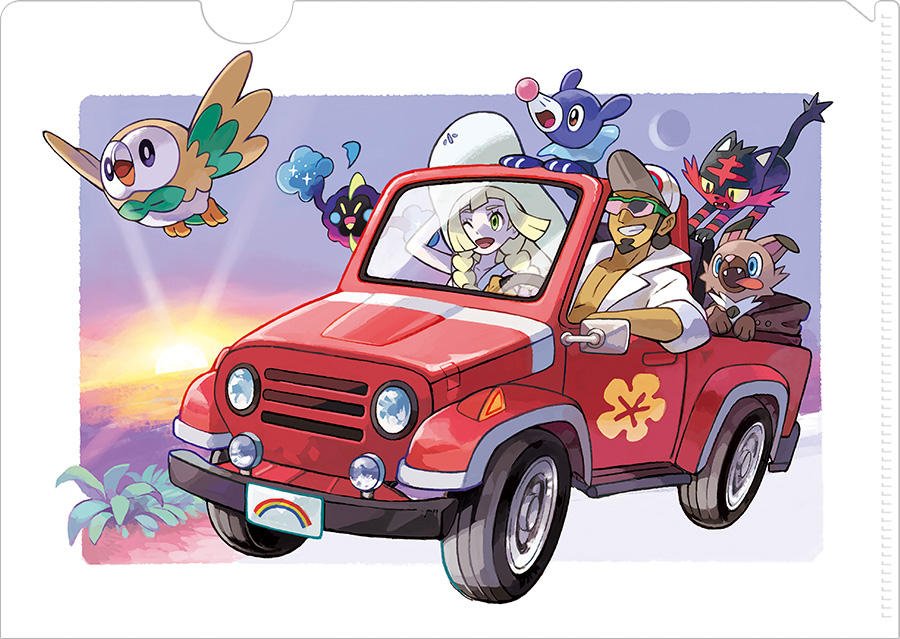 1boy 1girl baseball_cap blonde_hair braid car coat commentary_request cosmog driving eyelashes facial_hair gen_7_pokemon green_eyes ground_vehicle hat kukui_(pokemon) legendary_pokemon lillie_(pokemon) litten motor_vehicle one_eye_closed open_mouth pokemoa pokemon pokemon_(anime) pokemon_(creature) pokemon_sm_(anime) popplio rockruff rowlet sleeves_rolled_up smile starter_pokemon_trio sun sunglasses sunset teeth tongue twin_braids white_coat