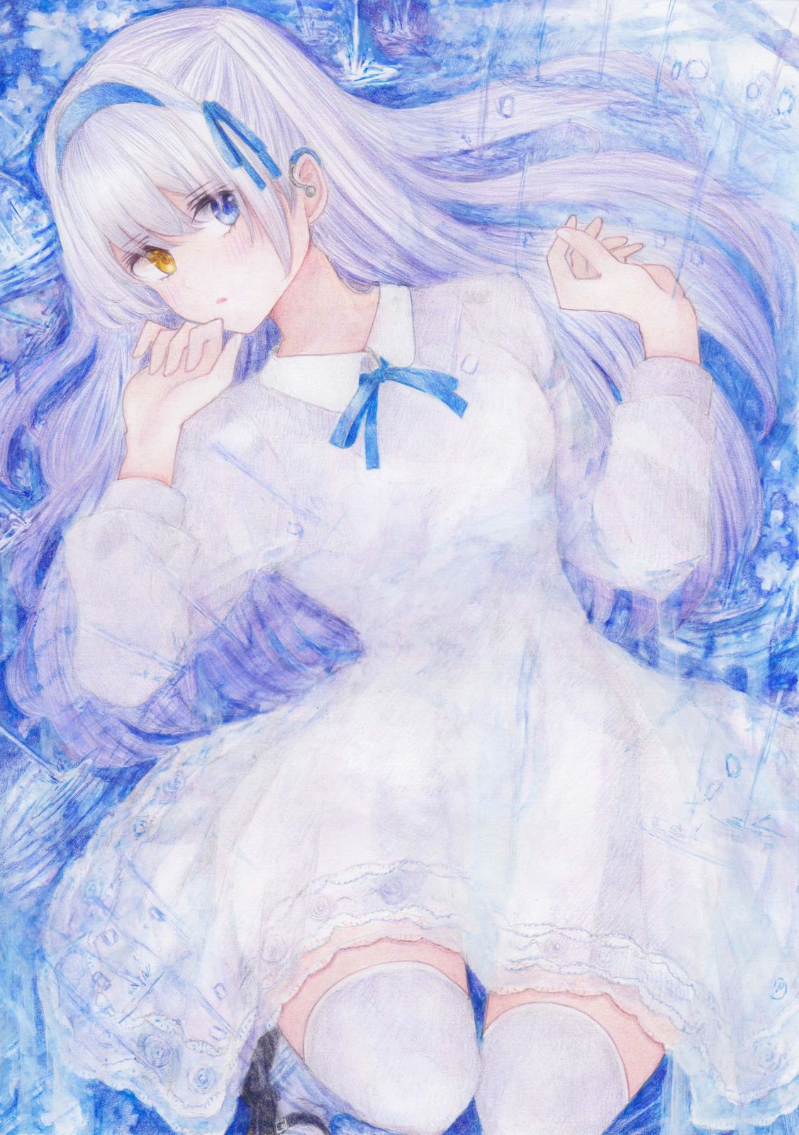 1girl blush colored_pencil_(medium) darkkanan dress graphite_(medium) hair_ribbon hairband heterochromia highres looking_at_viewer lying mary_janes on_back open_mouth original ribbon shoes silver_hair solo thigh-highs traditional_media water watercolor_(medium) white_dress white_hair white_legwear