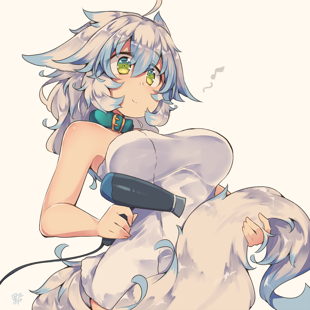 1girl ahoge animal_ears beige_background blue_hair breasts closed_mouth collar drying drying_body eyebrows_visible_through_hair green_collar green_eyes grey_background hair_between_eyes hair_dryer holding holding_tail kuromiya large_breasts long_hair musical_note naked_towel original shiromiya_asuka short_hair signature simple_background smile solo spoken_musical_note tail towel white_hair