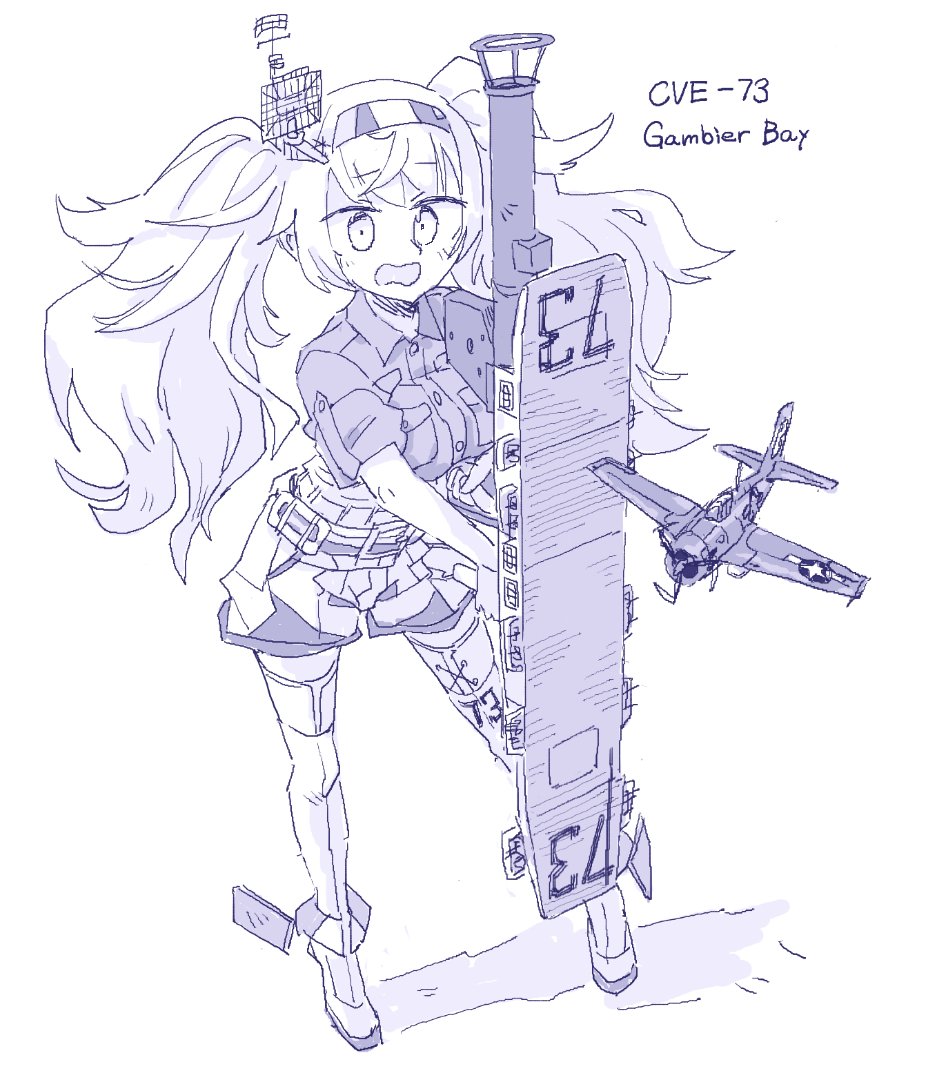 1girl aircraft airplane belt breast_pocket breasts collared_shirt english_text flight_deck fm-2_wildcat full_body gambier_bay_(kantai_collection) greyscale headband headgear kantai_collection large_breasts long_hair looking_at_viewer monochrome open_mouth pocket radar radar_hair_ornament rigging shirt short_sleeves shorts sleeves_rolled_up solo standing thigh-highs twintails white_background