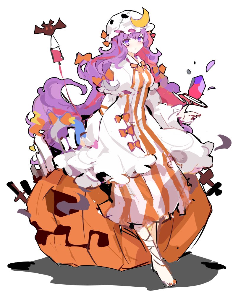 1girl alternate_color bandaged_leg bandages barefoot bat blood blood_bag bow breasts candle commentary_request crescent crescent_moon_pin crystal dress full_body hair_bow hat ideolo intravenous_drip jack-o'-lantern long_hair long_sleeves looking_at_viewer medium_breasts mob_cap orange_bow orange_dress patchouli_knowledge purple_hair simple_background solo striped striped_dress touhou violet_eyes white_background white_dress white_headwear