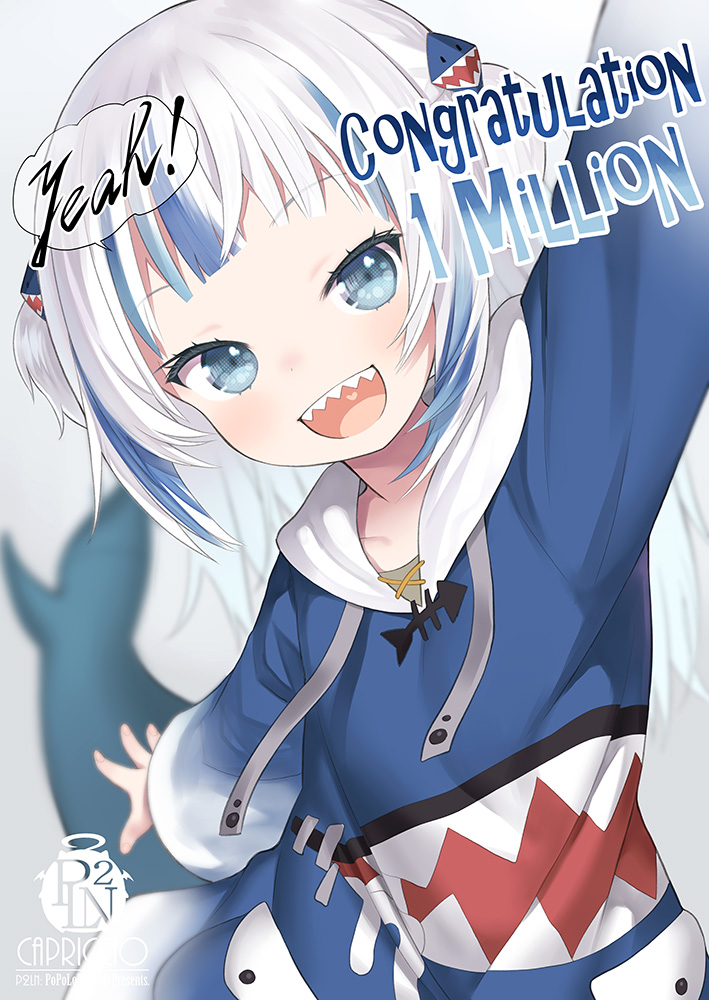1girl :d arm_up artist_name blue_eyes blue_hair blue_hoodie blurry blurry_background blush capriccio commentary_request congratulations depth_of_field drawstring english_text fish_tail gawr_gura grey_background hair_ornament heart heart_in_mouth hololive hololive_english hood hood_down hoodie long_hair long_sleeves looking_at_viewer multicolored_hair open_mouth shark_tail sharp_teeth sleeves_past_wrists smile solo streaked_hair tail teeth two_side_up virtual_youtuber white_hair wide_sleeves