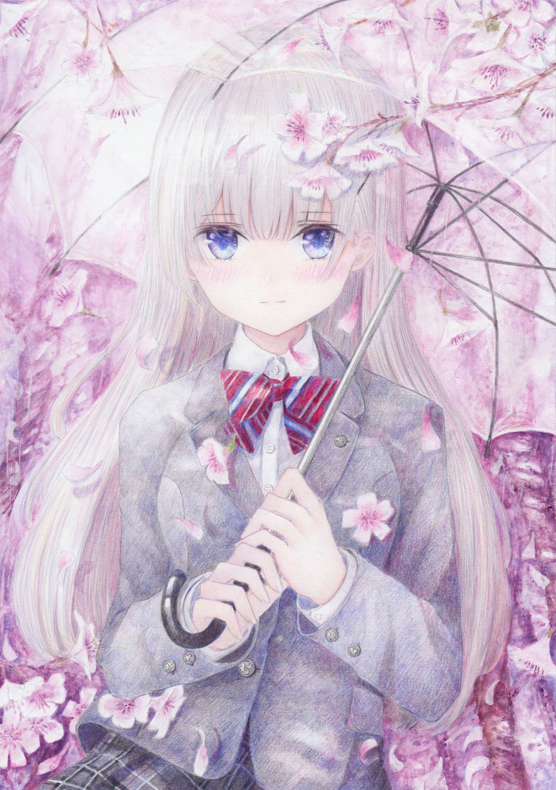 1girl blue_eyes blush breasts cherry_blossoms colored_pencil_(medium) darkkanan dress_shirt eyebrows_visible_through_hair eyes_visible_through_hair frown graphite_(medium) highres jacket large_breasts long_hair original outdoors plaid plaid_skirt school_uniform serafuku shirt sidelocks silver_hair skirt solo standing traditional_media umbrella watercolor_(medium) white_hair