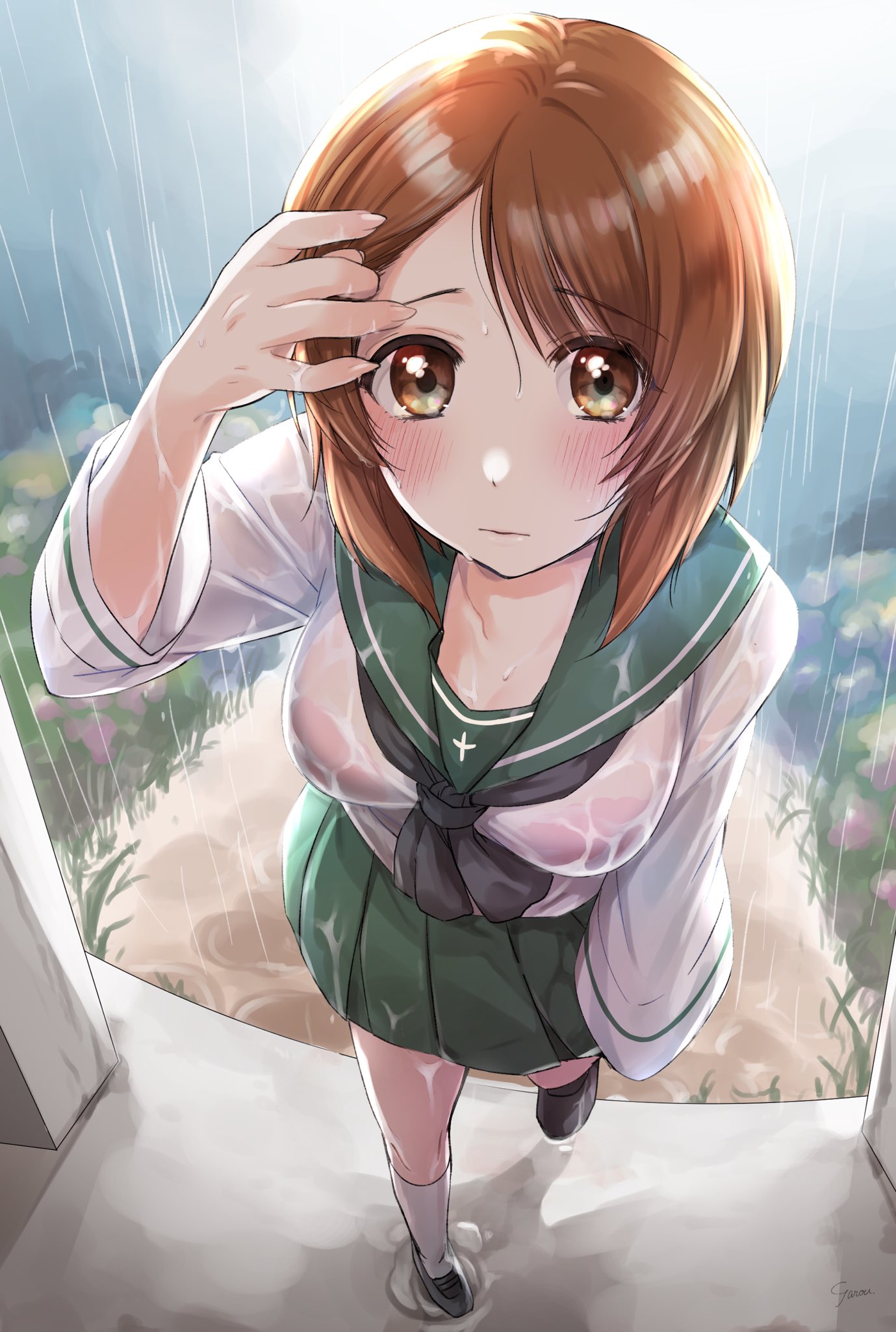 1girl adjusting_hair bangs black_footwear black_neckwear blouse blush brown_eyes brown_hair closed_mouth eyebrows_visible_through_hair foreshortening girls_und_panzer green_sailor_collar green_skirt highres komekueyo light_frown long_sleeves miniskirt neckerchief nishizumi_miho ooarai_school_uniform pleated_skirt rain sailor_collar school_uniform shirt shoes short_hair skirt socks solo wet wet_clothes wet_hair wet_shirt white_blouse white_legwear