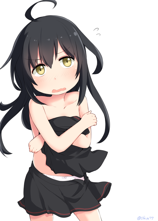 1girl ahoge black_hair black_skirt commentary_request cowboy_shot flying_sweatdrops holding holding_clothes kantai_collection long_hair mikazuki_(kantai_collection) okitarou_(okiyo) open_mouth pleated_skirt shirt_removed simple_background skirt solo topless wavy_mouth white_background yellow_eyes