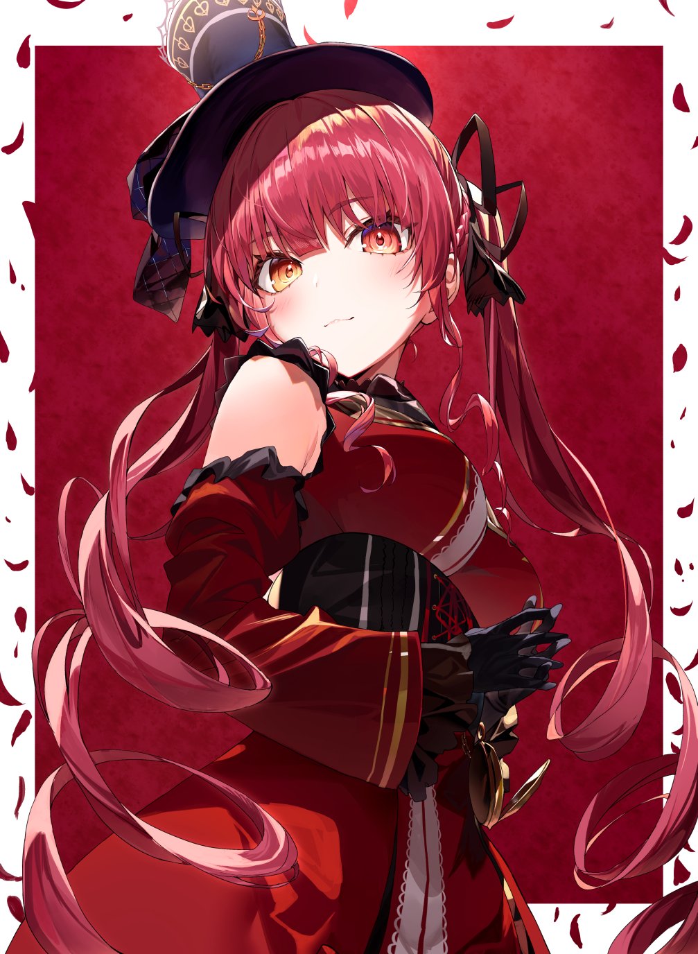 1girl :3 bangs bare_shoulders black_gloves black_headwear black_ribbon blunt_bangs blush border breasts closed_mouth corset cowboy_shot detached_sleeves dress eyebrows_visible_through_hair frilled_sleeves frills gloves hair_ribbon hakuishi_aoi hat heterochromia highres hololive houshou_marine long_hair long_sleeves looking_at_viewer medium_breasts outside_border own_hands_together petals pocket_watch red_background red_dress red_eyes redhead ribbon rose_petals smile solo top_hat twintails underbust very_long_hair virtual_youtuber watch white_border yellow_eyes