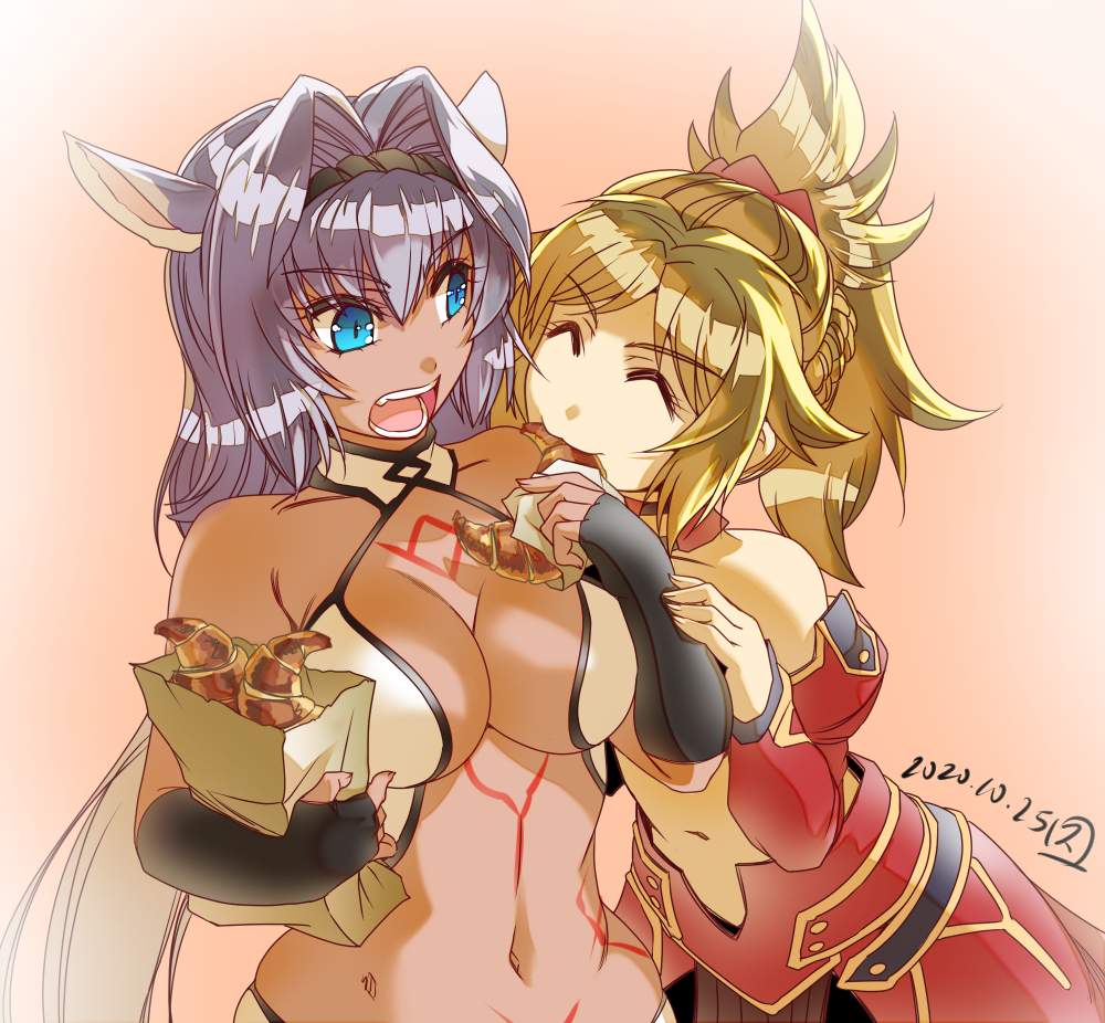 2girls ^_^ animal_ears black_hairband blonde_hair blue_eyes breasts caenis_(fate) closed_eyes croissant dark_skin dated eating eyebrows_visible_through_hair fate/grand_order fate_(series) food gradient gradient_background hairband hisahiko large_breasts long_hair looking_at_another mordred_(fate) mordred_(fate)_(all) multiple_girls navel open_mouth orange_background ponytail short_hair tattoo teeth