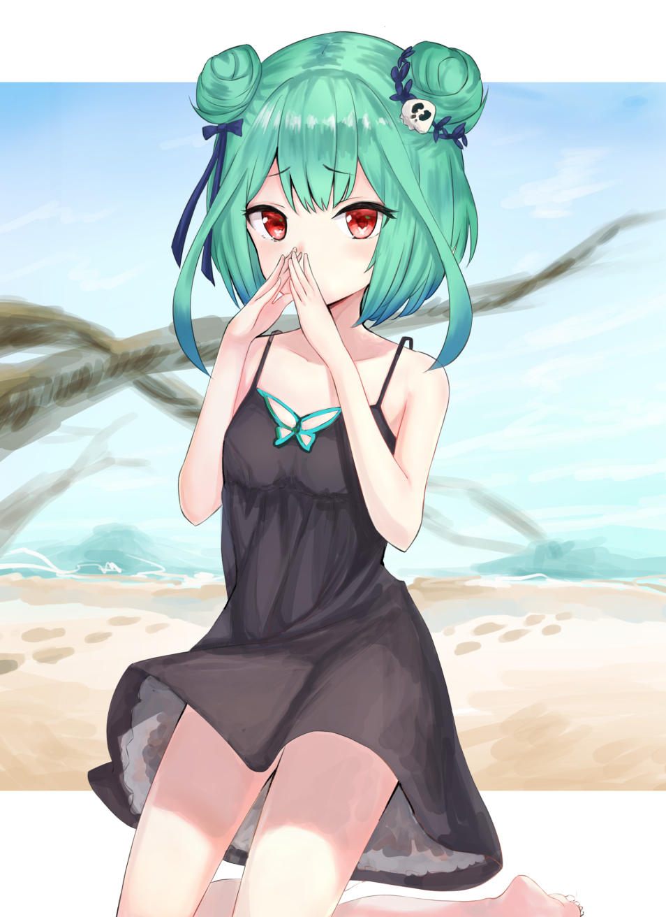 1girl bangs black_dress blush double_bun dress eyebrows_visible_through_hair green_hair hair_ornament highres hololive looking_at_viewer open_mouth red_eyes short_hair skull_hair_ornament smile solo uruha_rushia virtual_youtuber