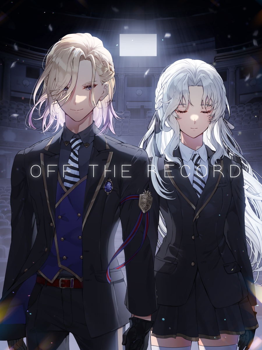 belt black_gloves blonde_hair closed_eyes gloves hair_over_one_eye highres indoors long_hair necktie pants risem smile striped_necktie twisted_wonderland uniform vest vil_schoenheit white_hair white_legwear yuu_(twisted_wonderland)